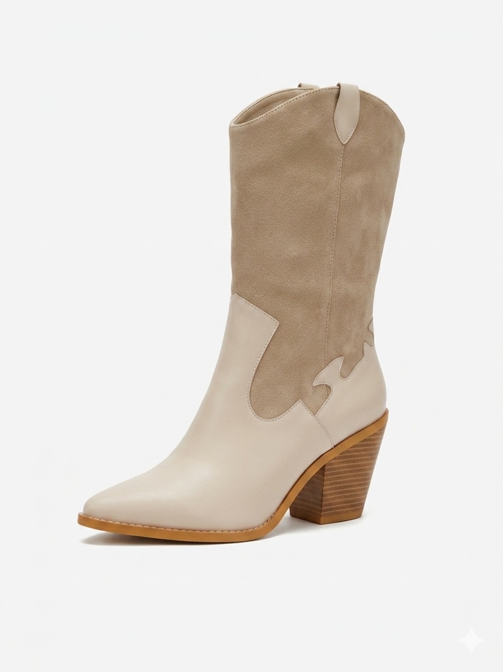 Neutral Two-Tone Western Mid-Calf Heel Boot